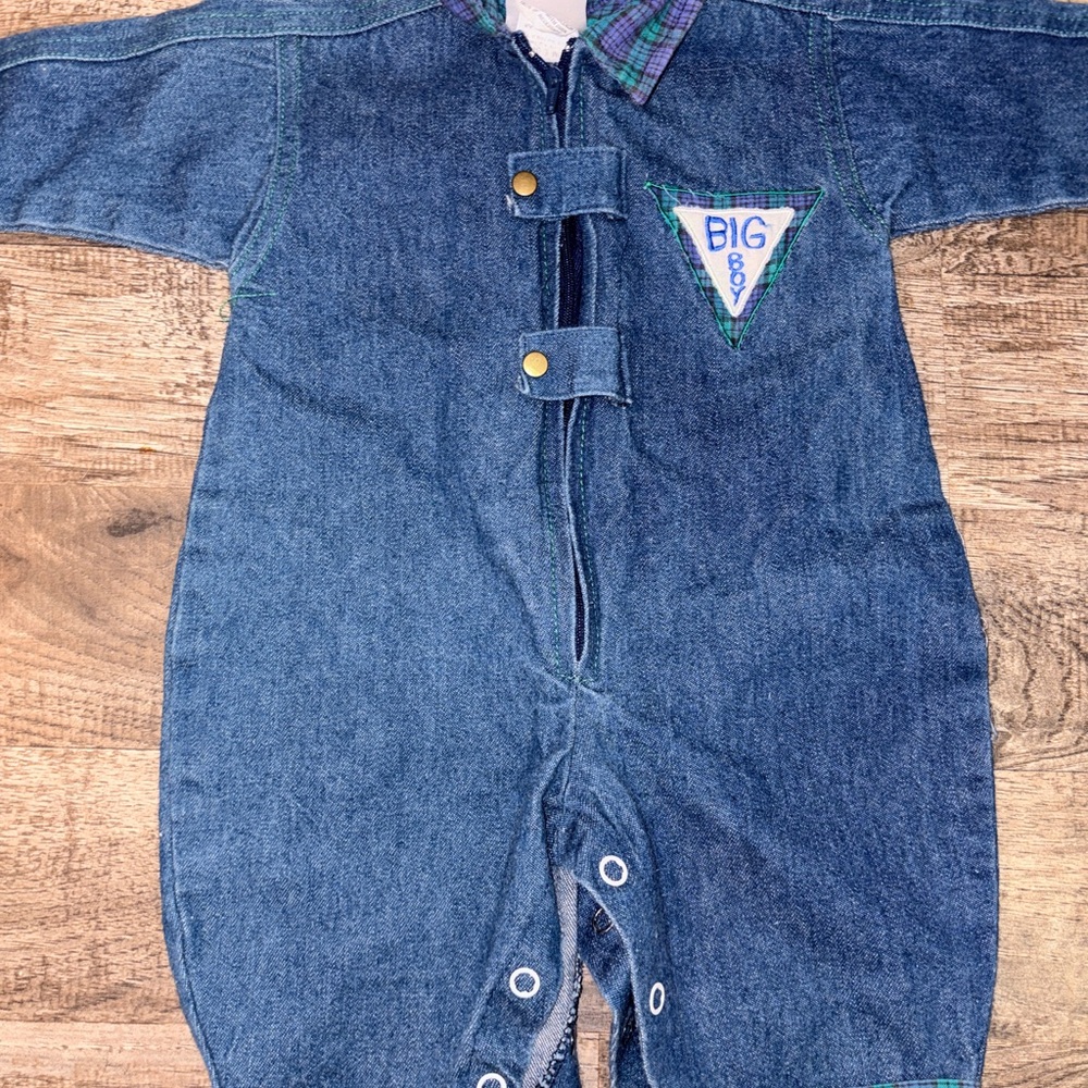 Blue Denim Baby Jumpsuit with Plaid Collar